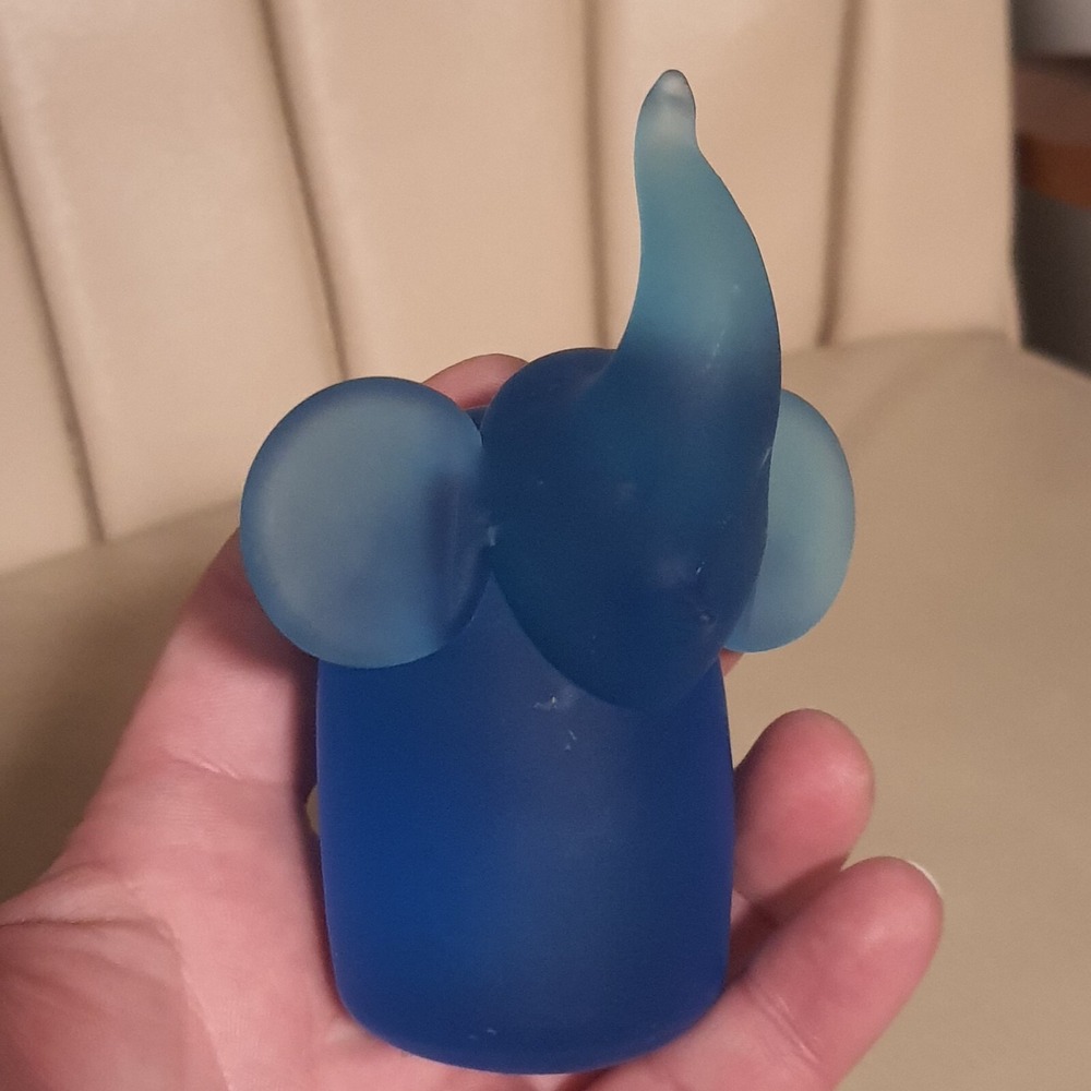 Vintage Interpur Frosted Satin Blue Art Glass Elephant Figurine Decor Handmade